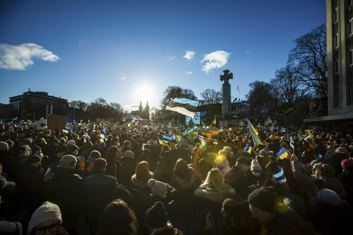 Demonstrators with Ukrainian and Estonian national flags gather for a rally.