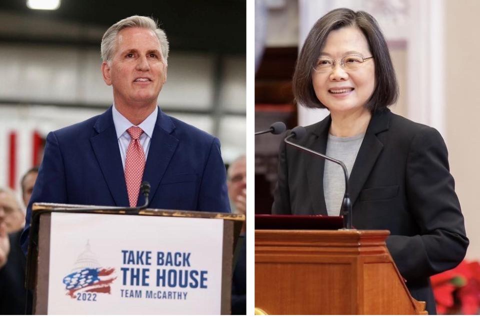 美國眾議院議長麥卡錫（Kevin McCarthy）證實，將在美加州會見總統蔡英文，並不排除晚些時候訪問台灣，中國當局表示反對，向美國提出嚴正交涉。   圖：翻攝自麥卡錫、蔡英文臉書／新頭殼資料照