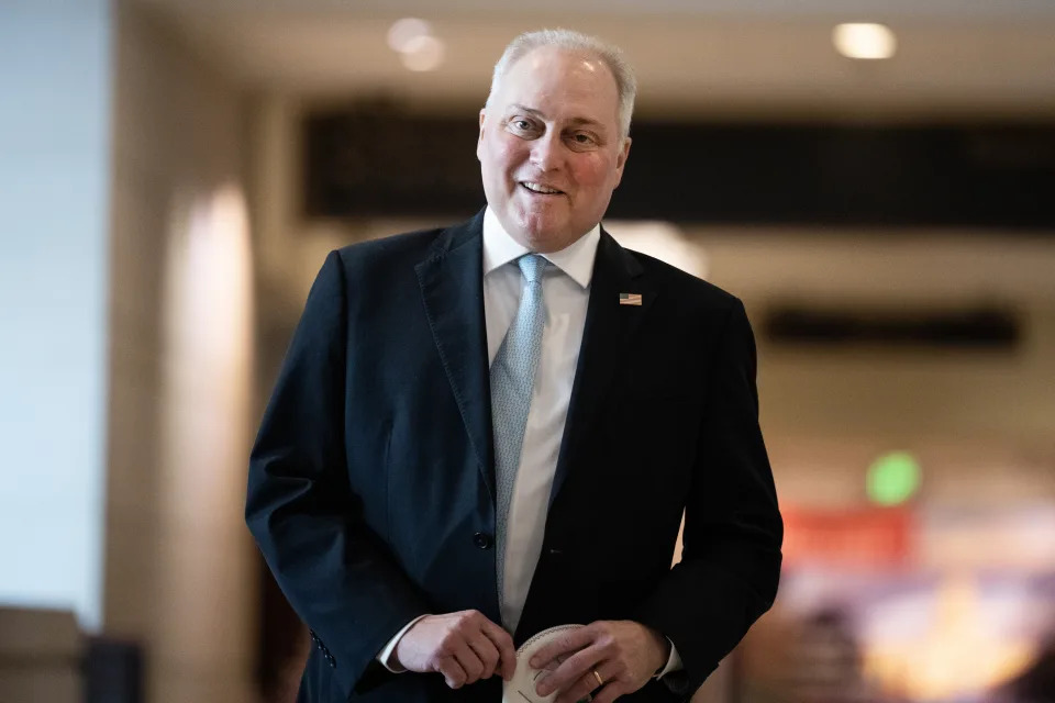 UNITED STATES - OCTOBER 11: House Majority Leader Steve Scalise, R-La., R-Texas, is seen in the Capitol Visitor Center after an all members briefing on the attack on Israel on Wednesday, October 11, 2023. Scalise and the House Republican Conference were heading to the speaker of the house election in Longworth Building. (Tom Williams/CQ-Roll Call, Inc via Getty Images)