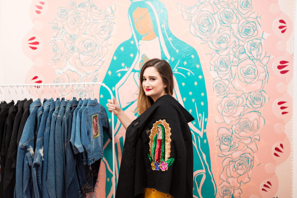 Fashion designer Patty Delgado of “Hija de Tu Madre” wearing her “virgencita” jacket. (Photo: Courtesy of Patty Delgado)