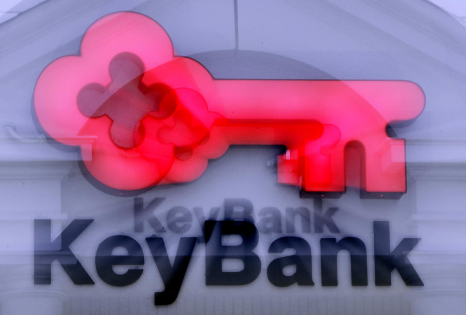 FILE - This Tuesday, Jan. 25, 2011, file photo, shows a sign at a KeyBank branch in Indianapolis. Regional banking company KeyCorp said Thursday Jan. 23, 2013 it's fourth quarter earnings climbed 1.5 percent, as revenue growth and a discontinued business gain countered costs from an efficiency initiative. (AP Photo/Michael Conroy, File)