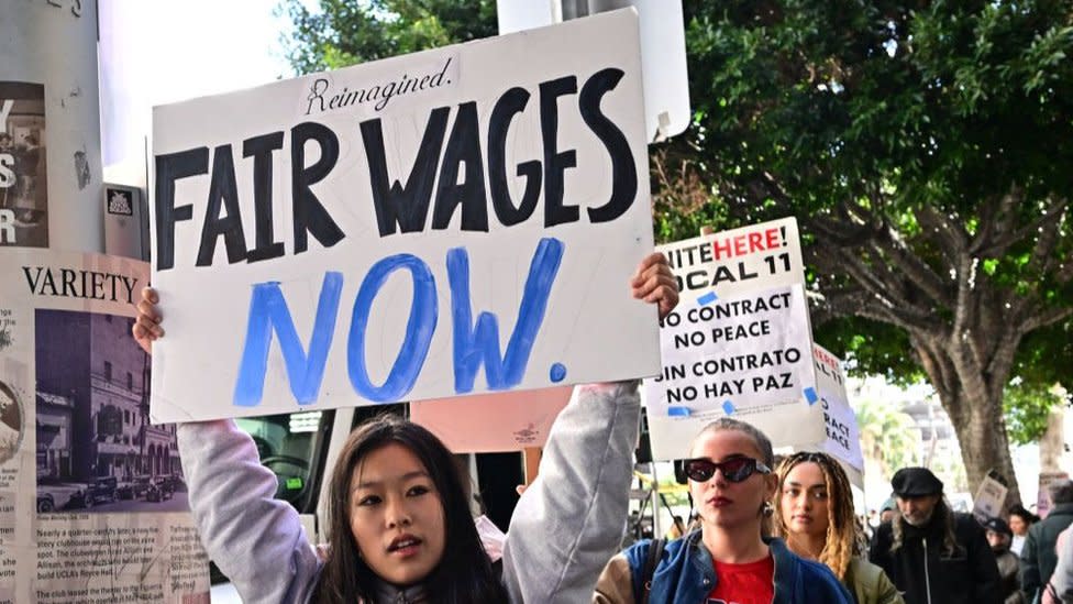 Hospitality workers picket outside Hotel Figueroa in downtown Los Angeles on April 5, 2024.