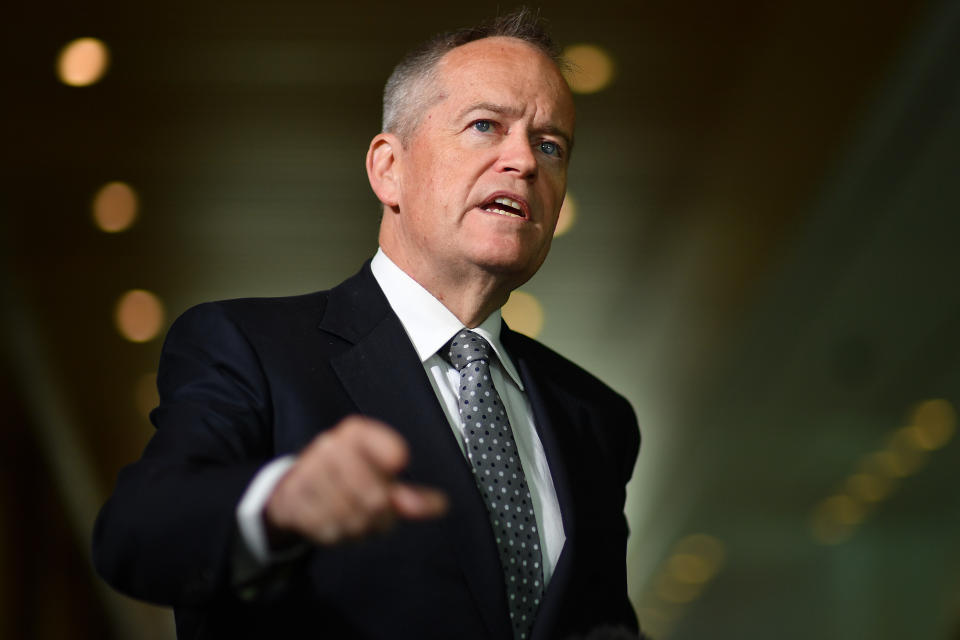 CANBERRA, AUSTRALIA - JUNE 12:  Shadow Minister For Government Services Bill Shorten during a press conference in the Mural Hall at Parliament House on June 12, 2020 in Canberra, Australia. The government last month promised to repay $720m to 373,000 past and present welfare recipients over 470,000 unlawful demands for money calculated using faulty “income averaged” annual pay data as part of Centrelink’s income compliance program. New polling has showed significant support for a royal commission into the debacle, and revelations that internal estimates have shown the total value of those 470,000 unlawful debts will be close to $1.5bn AUD.  (Photo by Sam Mooy/Getty Images)