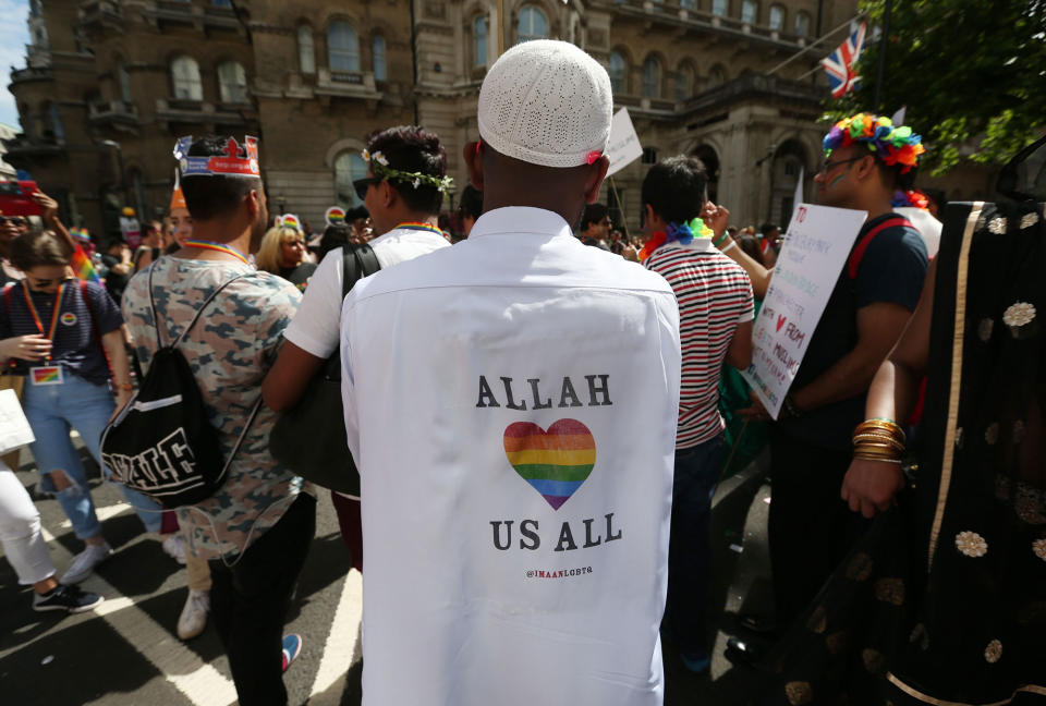 <p>People take part in the Pride in London Parade in central London, Britain on July 8, 2017. (Photo: Jonathan Brady/PA Images via Getty Images) </p>