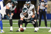 FILE - Philadelphia Eagles center Jason Kelce (62) lines up before the snap during the team's NFL football game against the Indianapolis Colts, Nov. 20, 2022, in Indianapolis. The undersized Kelce had had a big impact on the Eagles as the anchor on what has consistently been one of the league's top lines.(AP Photo/Zach Bolinger, File)