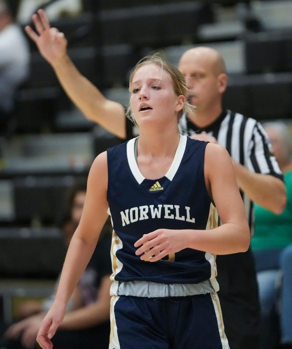 Norwell High School's Kennedy Fuelling hits a three pointer against Fort Wayne Snider High School at Noblesville High School, Dec 28, 2023. Ft. Wayne Snyder won 65-50.