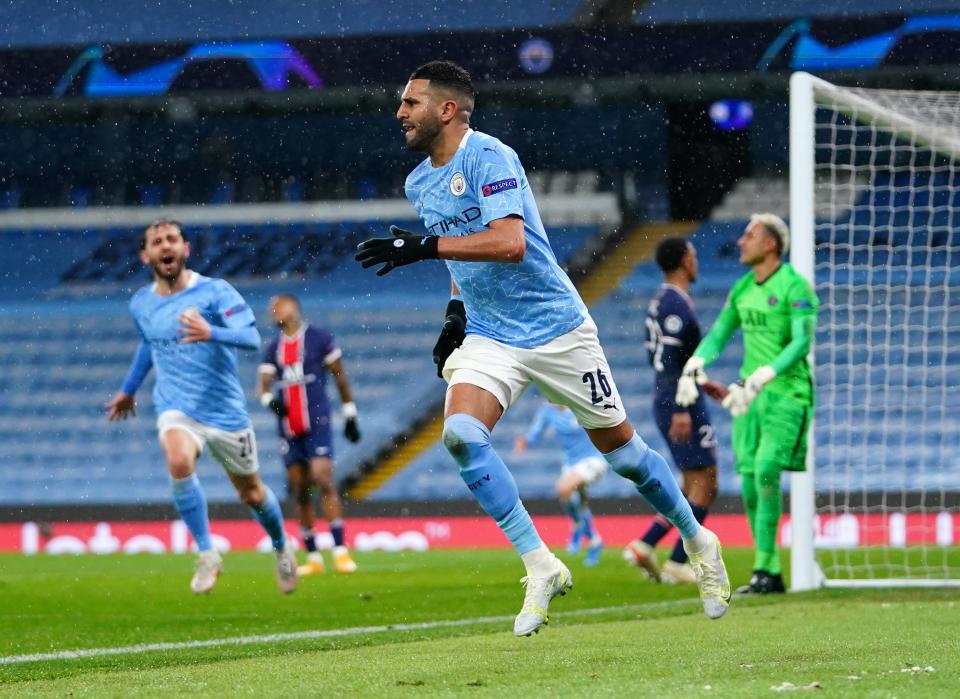 Riyad Mahrez celebrates after scoring City’s second goal (Getty)