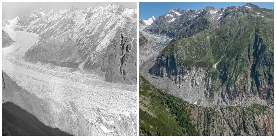 The Fiescher glacier in the Swiss Alps, as seen in 1928 (left) and 2021 (right) (swisstopo/VAW, ETH Zurich)