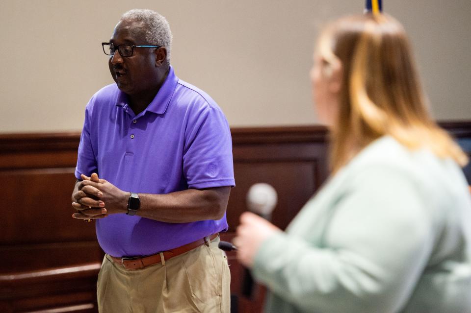 Director of Parks & Recreation Tony Black responds to the Jackson West Tennessee Tennis Association after members raise concerns over the skateboarding proposal during the Jackson Recreation and Parks Public Forums inside Jackson City Hall on Tuesday, Apr. 11, 2023.