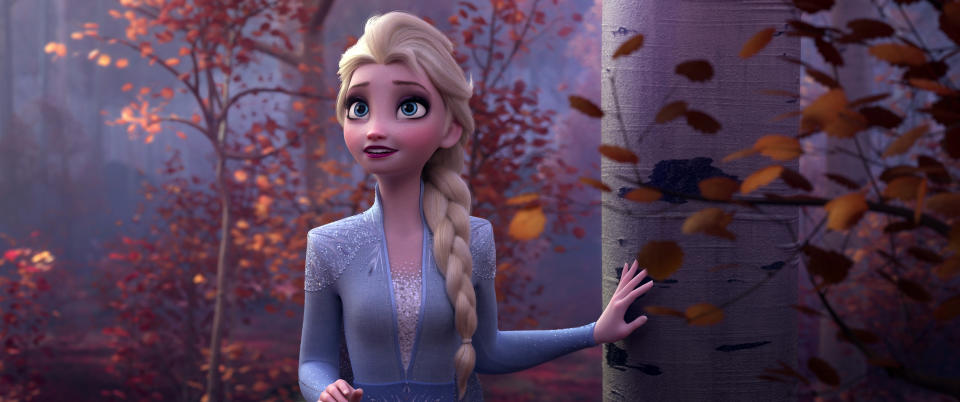 This image released by Disney shows Elsa, voiced by Idina Menzel, in a scene from "Frozen 2." (Disney via AP)