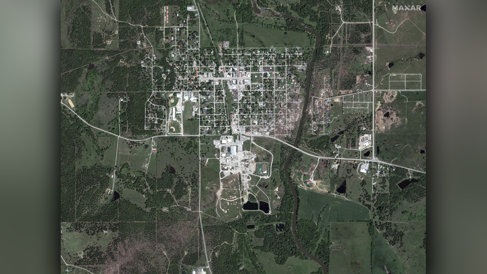A satellite caught an aerial view of the damage across Barnsdall, Oklahoma after the May 7, EF-4 tornado.