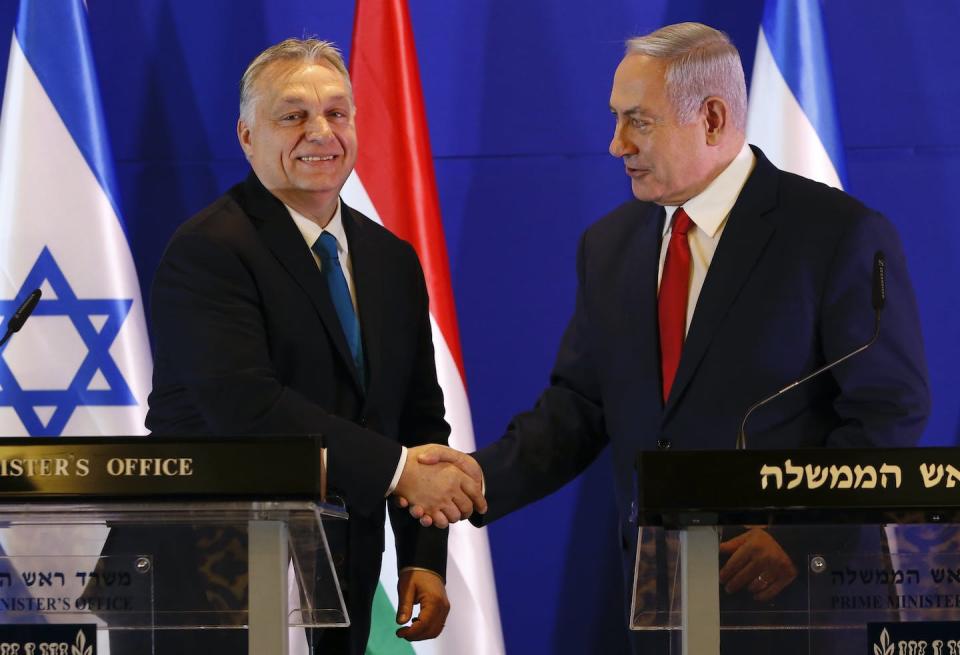 Netanyahu has aligned himself with strongman leaders across the globe, including Hungarian Prime Minister Viktor Orbán, left, with whom Netanyahu, right, met in Jerusalem on Feb. 19, 2019. <a href="https://newsroom.ap.org/detail/IsraelHungary/a445e4b9cd924759ba00561697dd5dc0/photo?Query=Netanyahu%20Orban&mediaType=photo&sortBy=arrivaldatetime:desc&dateRange=Anytime&totalCount=17&currentItemNo=5" rel="nofollow noopener" target="_blank" data-ylk="slk:AP Photo/Ariel Schalit, Pool;elm:context_link;itc:0;sec:content-canvas" class="link ">AP Photo/Ariel Schalit, Pool</a>