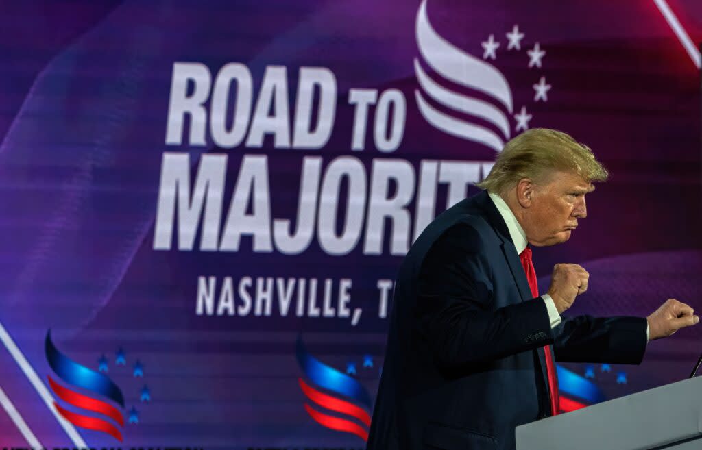 Former President Donald Trump dances during his speech Friday at the Faith and Freedom "Road to Majority" conference at Nashville's Gaylord Opryland Convention Center. (Photo: John Partipilo)