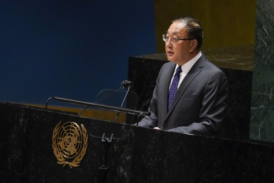 China's Ambassador to the United Nations Zhang Jun speaks during an emergency session of the General Assembly at United Nations headquarters, Thursday, March 24, 2022. (AP Photo/Seth Wenig)