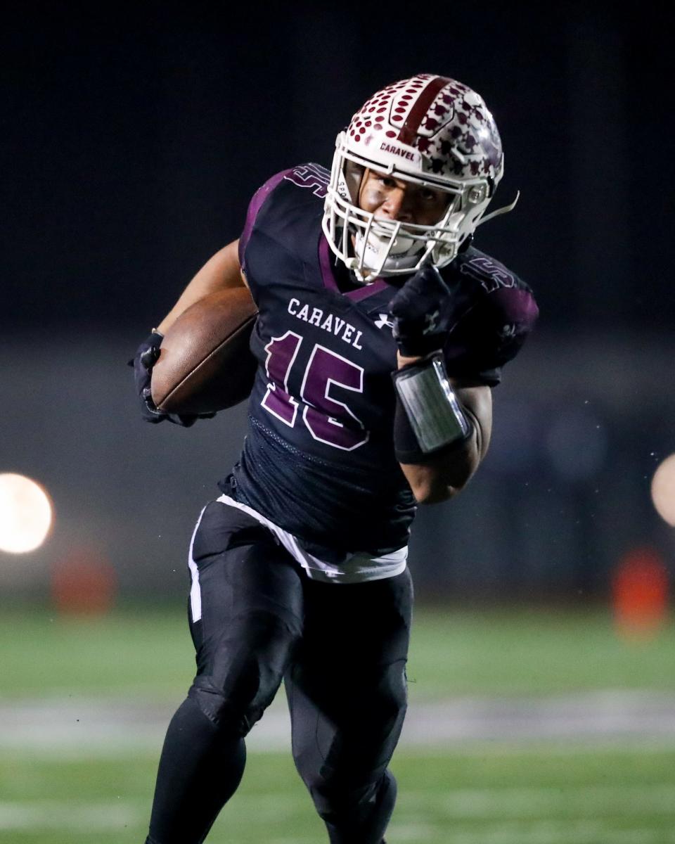 Caravel's Jordan Miller finds a hole in the Red Lion Christian defense in a 35-7 win on Nov. 10 at Bob Peoples Stadium.