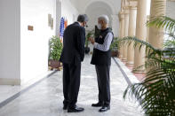 India's Foreign Minister Subrahmanyam Jaishankar, right, and U.S. Secretary of State Antony Blinken walk together before meetings at Hyderabad House in New Delhi, India Wednesday, July 28, 2021. (Jonathan Ernst/Pool Photo via AP)