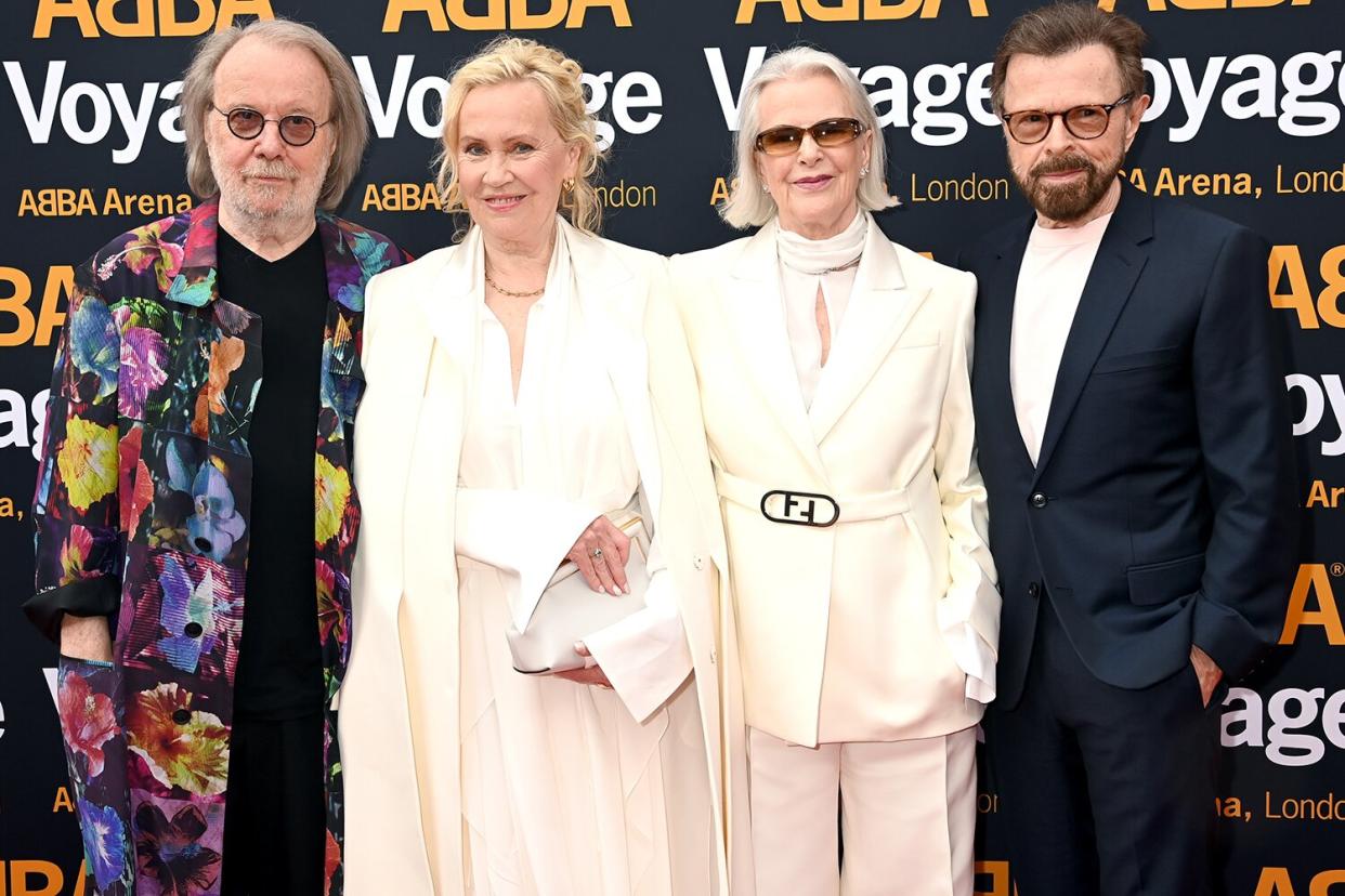 Benny Andersson, Agnetha Fältskog, Anni-Frid Lyngstad and Bjorn Ulvaeus of ABBA attend the first performance of ABBA "Voyage" at ABBA Arena on May 26, 2022 in London, England.