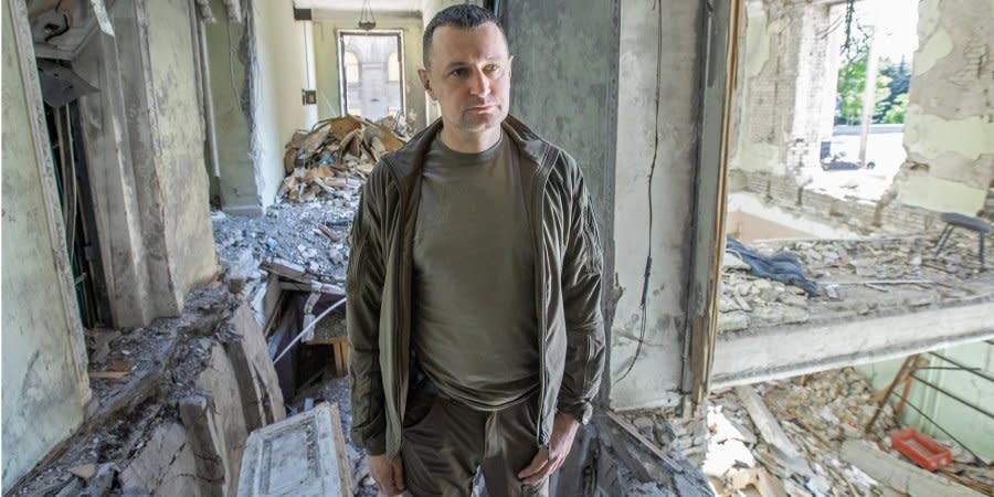 Roman Semenukha, the Deputy Head of the Kharkiv Regional State Administration, in the building of the regional administration destroyed by Russian shelling