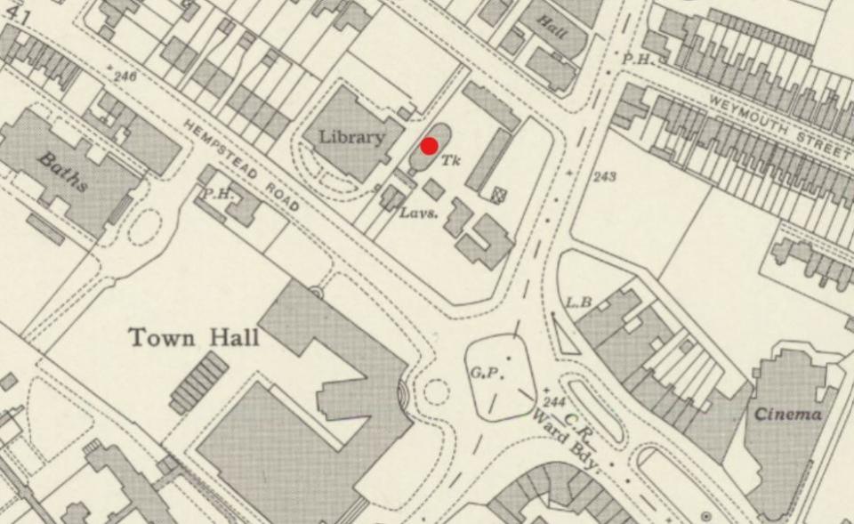 Watford Observer: The red dot on this Ordnance Survey map from 1953 shows where the sub-station was believed to have been located.