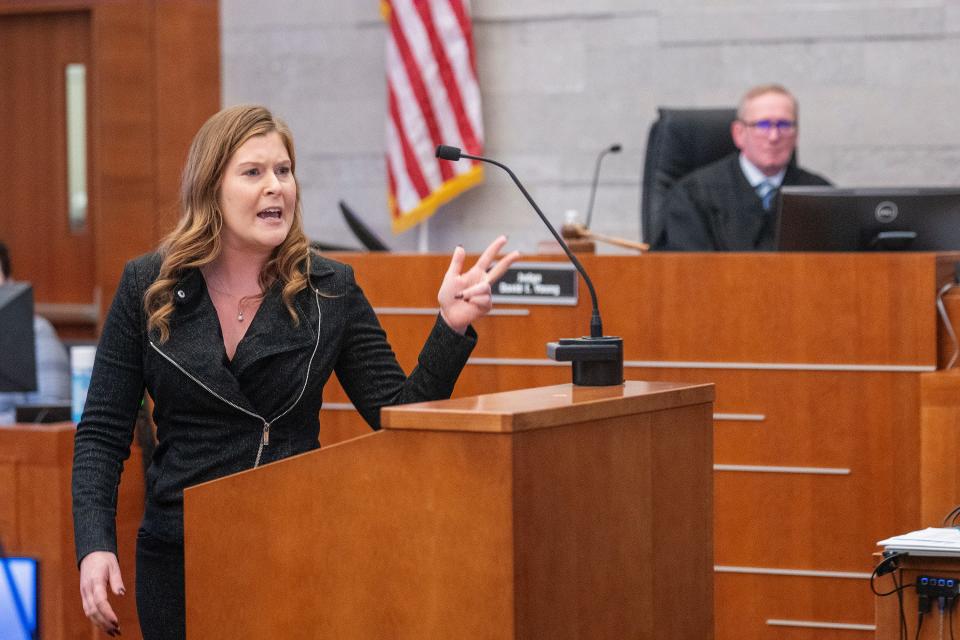 Kaitlyn Stephens, a member of the defense team for former Franklin County Sheriff's deputy Jason Meade, delivers the defense opening statement Wednesday, Jan. 31, 2024 at Meade's trial on murder charges in the Dec. 4, 2020, shooting death of 23-year-old Casey Goodson Jr.