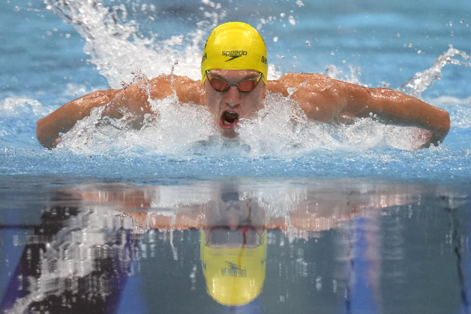 Brendon Smith, of Australia, swims in the final of the men's 400-meter individual medley at the 2020 Summer Olympics, Sunday, July 25, 2021, in Tokyo, Japan. (AP Photo/Matthias Schrader)