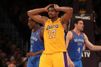 LOS ANGELES, CA - MAY 19: Andrew Bynum #17 of the Los Angeles Lakers reacts in the first period while taking on the Oklahoma City Thunder in Game Four of the Western Conference Semifinals in the 2012 NBA Playoffs on May 19 at Staples Center in Los Angeles, California. NOTE TO USER: User expressly acknowledges and agrees that, by downloading and or using this photograph, User is consenting to the terms and conditions of the Getty Images License Agreement. (Photo by Stephen Dunn/Getty Images)