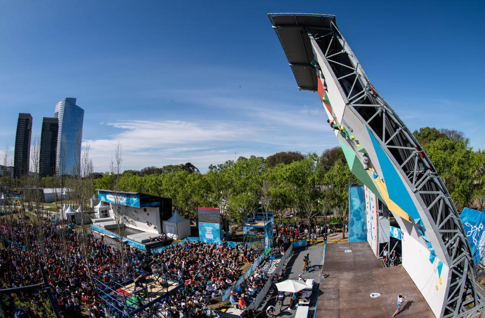 Oct 10, 2018; Buenos Aires, Argentina; The crowd gather to watch on as Petar Ivanov (BUL) competes in the Sport Climbing Mens Combined Lead Final at Parque Mujeres Argentinas, Urban Park during The Youth Olympic Games, Buenos Aires, Argentina. Mandatory Credit: Lukas Schulze for OIS/IOC Handout Photo via USA TODAY Sports