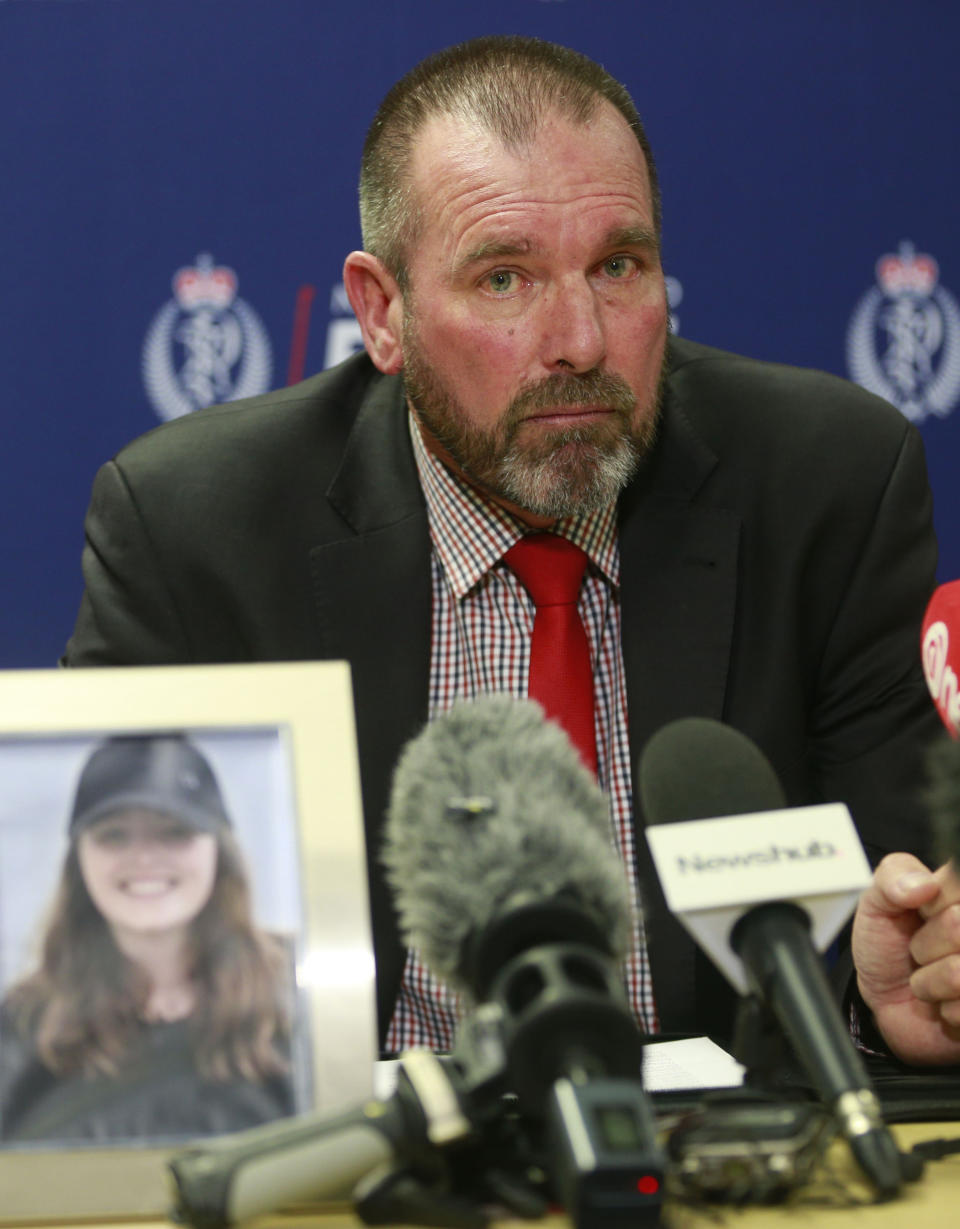 Detective Inspector Scott Beard addresses a press conference announcing the search for missing English backpacker Grace Millane is now a homicide investigation in Auckland, New Zealand, Saturday, Dec. 8, 2018. The 22-year-old British tourist has been missing in New Zealand for seven days and police say they believe she has been murdered — although no body has been found. (Doug Sherring/NZ Herald via AP)