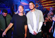 <p>Devin Booker hangs with Diplo over the weekend during pal Chandler Parsons' bachelor party at XS nightclub inside the Wynn Las Vegas. </p>