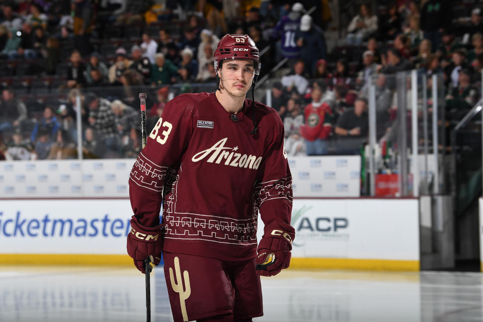 TEMPE, ARIZONA - FEBRUARY 14: Adam Ruzicka #83 of the Arizona Coyotes skates up ice against the Minnesota Wild at Mullett Arena on February 14, 2024 in Tempe, Arizona. (Photo by Norm Hall/NHLI via Getty Images)