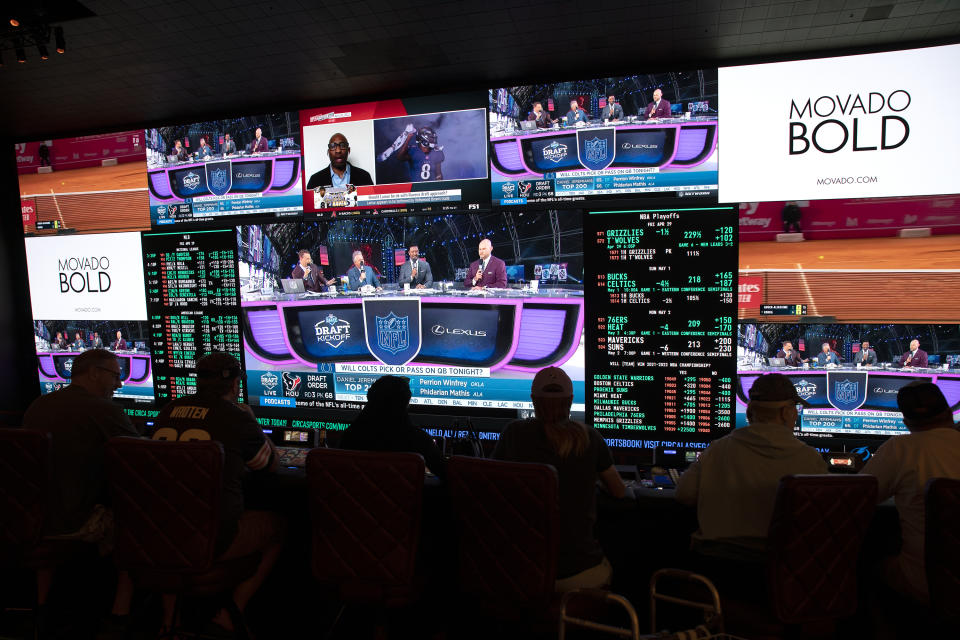 FILE - NFL football draft coverage plays in the sportsbook at Circa, Friday, April 29, 2022, in Las Vegas. The Supreme Court’s 2018 ruling in Murphy vs. NCAA ushered in a new era of legalized sports betting in the U.S., allowing states to establish their own sports wagering laws. (Ellen Schmidt/Las Vegas Review-Journal via AP, File)