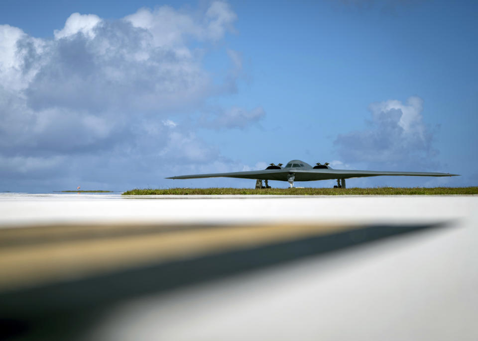 FILE- In this Jan. 8, 2018, file photo, released by the U.S. Air Force, a B-2 Spirit, assigned to the 509th Bomb Wing, Whiteman Air Force Base, taxis on the flightline at Andersen Air Force Base (AFB), Guam. President Donald Trump is raising a large chunk of the money for his border wall with Mexico by deferring several large military construction projects slated for the strategically important Pacific outpost of Guam. This may disrupt plans to move Marines to Guam from Japan and to modernize important munitions storage for the Air Force. About 7% of the funds for the $3.6 billion wall are being diverted from eight projects in U.S. territory. (Staff Sgt. Joshua Smoot/U.S. Air Force via AP)