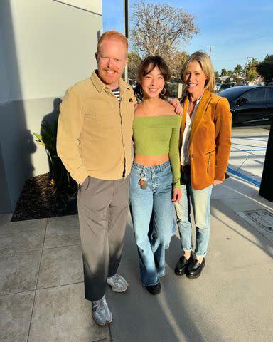 <p>Aubrey Anderson-Emmons/Instagram</p> Jesse Tyler Ferguson, Aubrey Anderson-Emmons and Julie Bowen at Anderson-Emmons' school play in March 2024