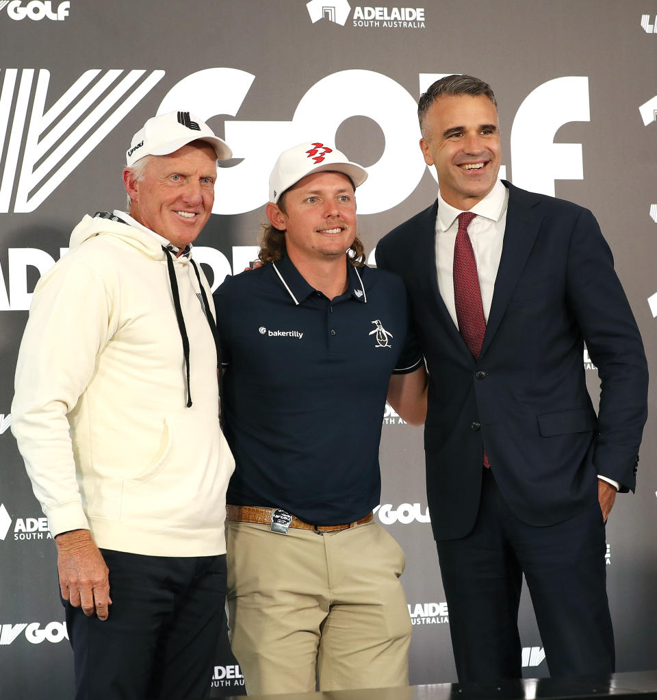 Greg Norman posing with Cameron Smith and the Premier of South Australia Peter Malinauskas.