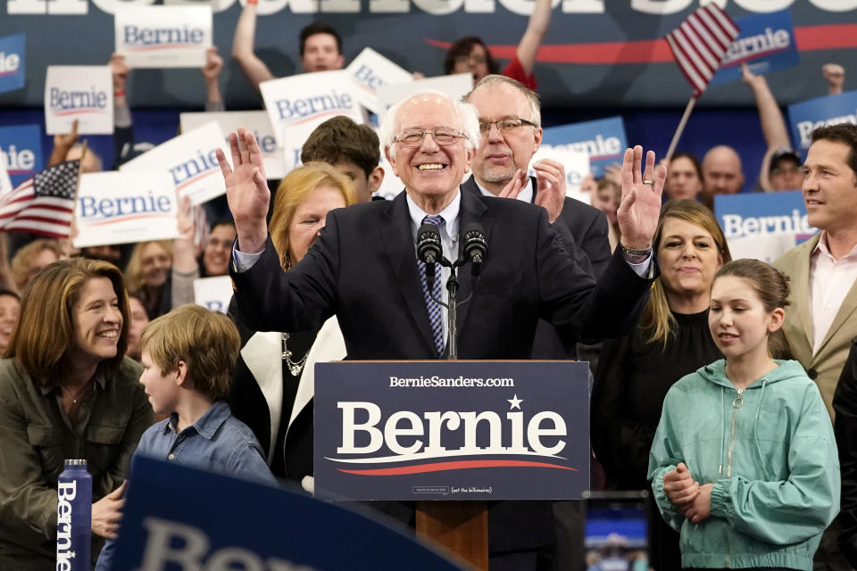 Sen. Bernie Sanders (I-VT) speaks during a primary night event on February 11, 2020 in Manchester, New Hampshire. (Drew Angerer/Getty Images)