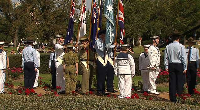 The ceremony at the Cross of Sacrifice in Adelaide after the ANZAC Day march. Photo: 7News.