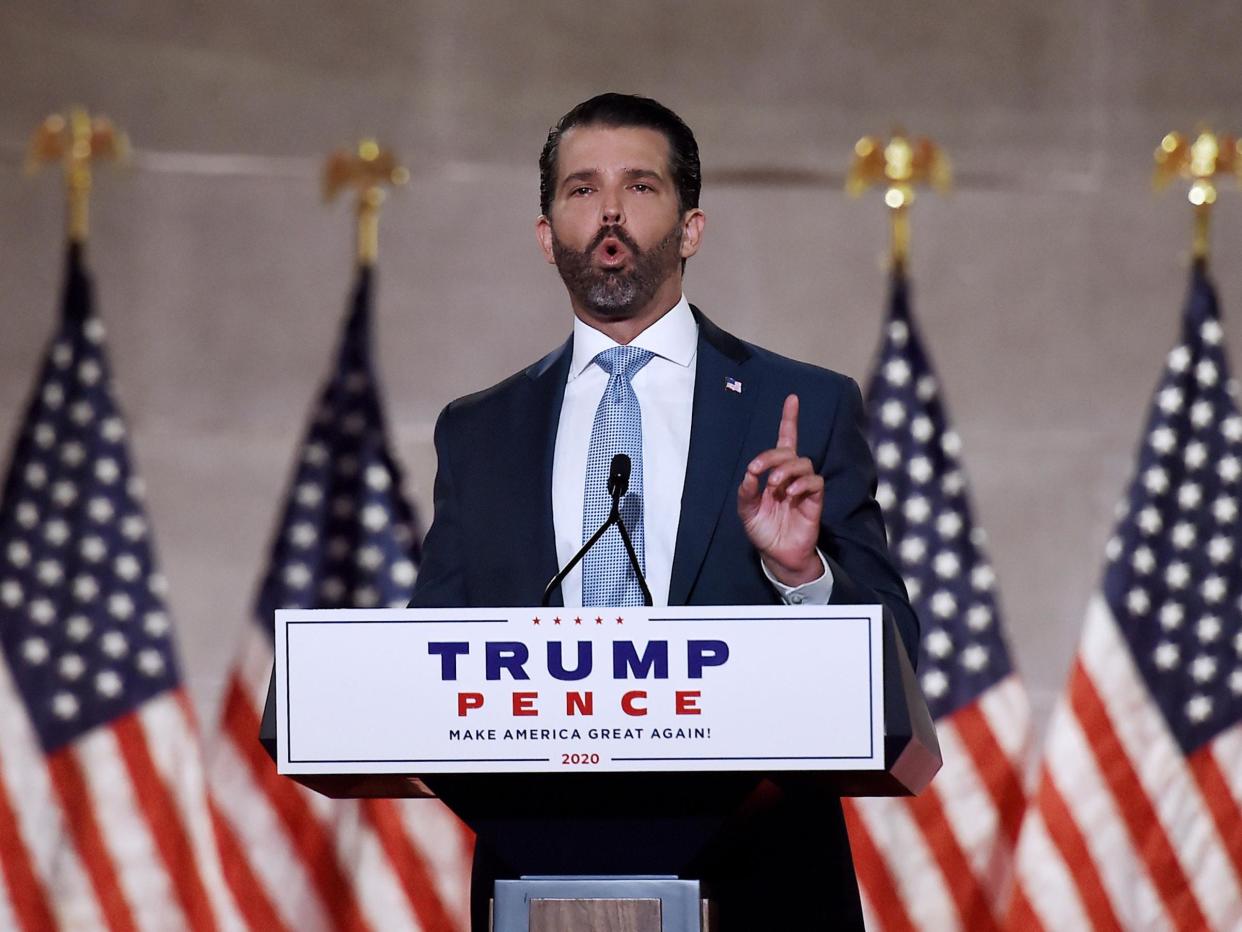 Donald Trump Jr. speaks during the first day of the Republican convention at the Mellon auditorium on 24 August 2020 in Washington, DC: (2020 Getty Images)