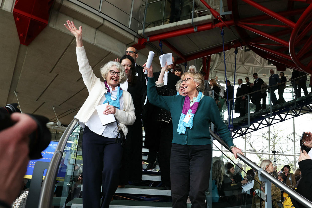 Members of Swiss association Senior Women for Climate Protection react after the announcement of decisions after a hearing of the European Court of Human Rights FREDERICK FLORIN/AFP via Getty Images