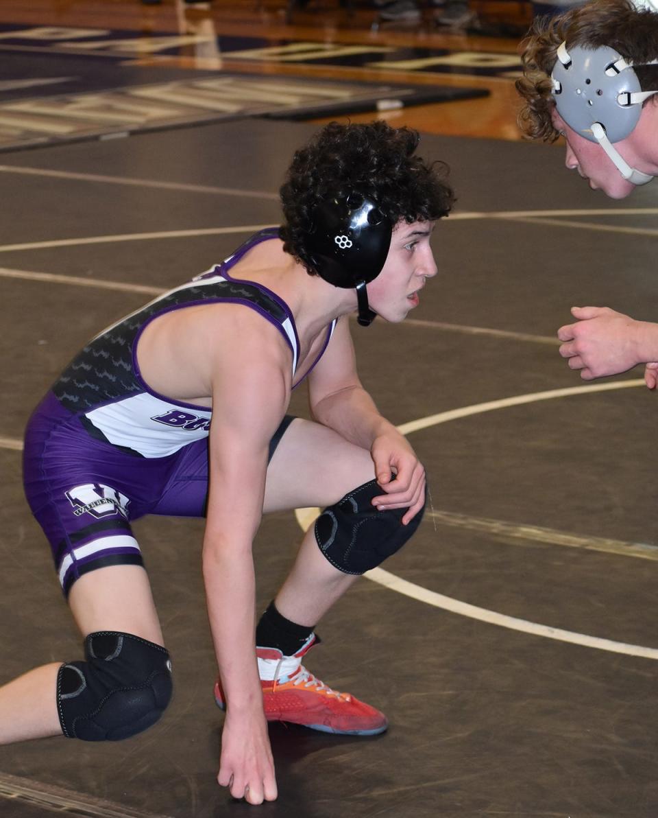 Wallenpaupack Area's Kyle Scartelli ponders his next move while competing at the Lackawanna League wrestling meet.