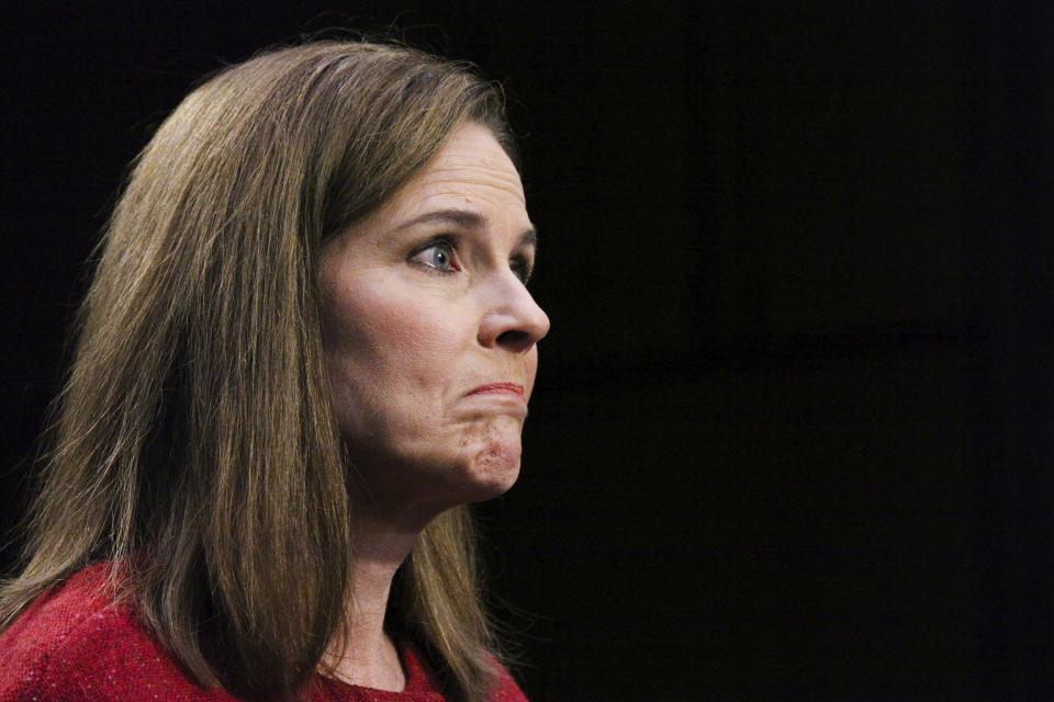 Supreme Court nominee Amy Coney Barrett speaks during a confirmation hearing before the Senate Judiciary Committee, Tuesday, Oct. 13, 2020, on Capitol Hill in Washington. (Bonnie Cash/Pool via AP)