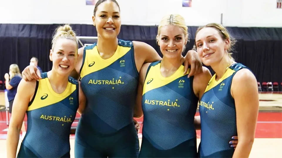 Liz Camage is pictured with Aussie teammates in this photo before the Olympics.