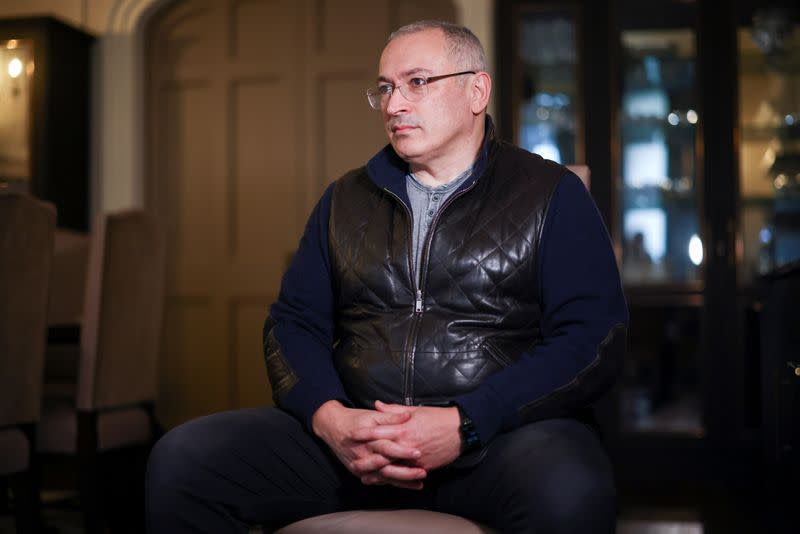 Former Russian tycoon Mikhail Khodorkovsky attends an interview with Reuters in central London, Britain