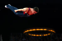 LONDON, ENGLAND - AUGUST 03: Steven Gluckstein of the United States competes on the Men's Trampoline during Day 7 of the London 2012 Olympic Games at North Greenwich Arena on August 3, 2012 in London, England. (Photo by Cameron Spencer/Getty Images)