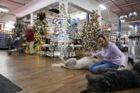 Blackhawk Hardware employee Jenny Stenhouse, right, pets the dogs of the store's co-owner, which are typically seen at the entrance, Wednesday, Nov. 1, 2023, in Charlotte, N.C. Holiday entertaining is back this year, and the store is seeing an influx of shoppers buying place settings, ornaments and indoor decorations. (AP Photo/Erik Verduzco)