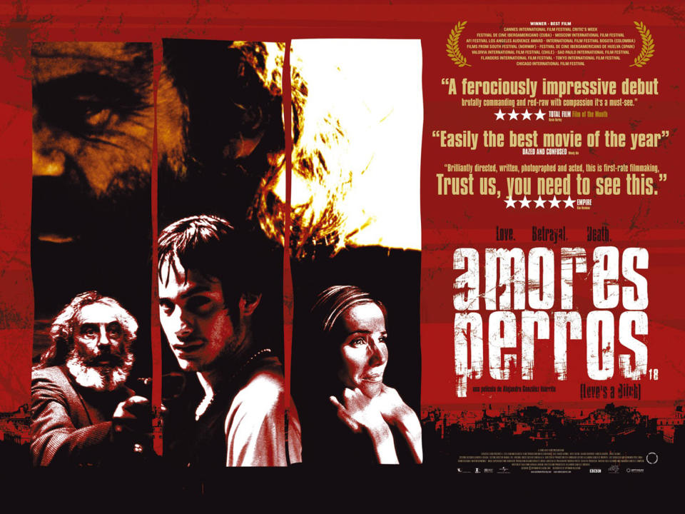 Movie poster for "Amores Perros" featuring four characters along with critical acclaim quotes describing the film as a "ferociously impressive debut" and a must-see