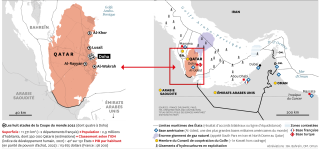 Carte des sites du Mondial de foot au Qatar, et de l’environnement géopolitique du pays (ZEE, bases militaires, champs gaziers). 
