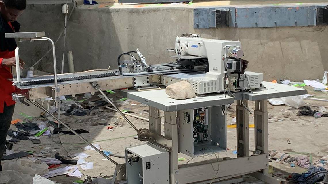 After realizing that this specialized sewing machine was too heavy to carry, looters of the Pravi Apparel factory in Gonaives left it behind and destroyed it.