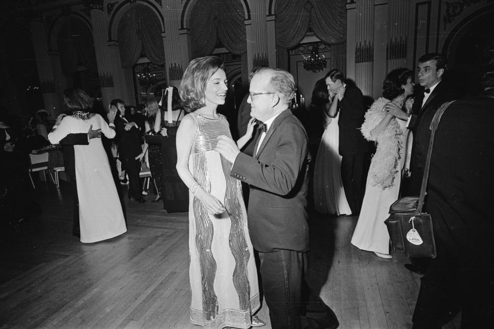 Lee Radziwill in Mila Schön with Truman Capote at his Black and White Ball, 1966.