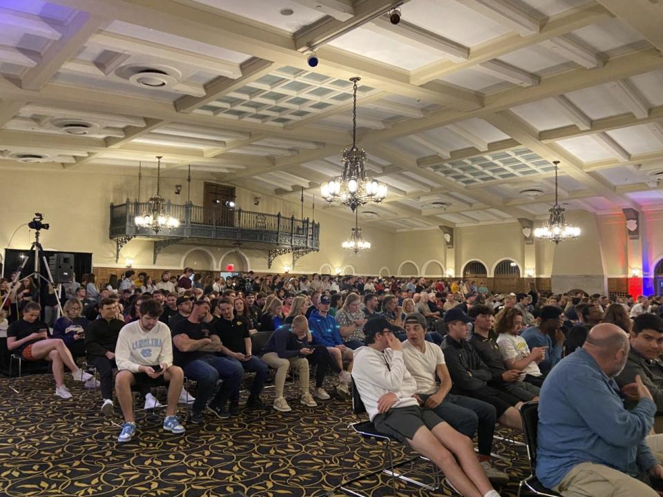 A large crowd gather to listen to conservative speaker Matt Walsh at the Iowa Memorial Union at the University of Iowa, April 19.