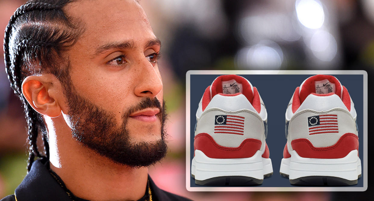 Colin Kaepernick and Nike shoes. (Photos: Jamie McCarthy/Getty Images, Nike)